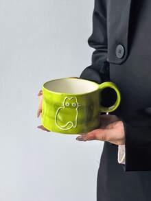 1pc Cute Cat Print Ceramic Coffee Mug, Ins Minimalist Retro Mug, Hand-Painted Asymmetrical Wavy Texture Design, Afternoon Tea Cup, Breakfast Milk Cup, Microwave , Dishwasher , Birthday Gift, Souvenir Gift - Multicolor - View 13