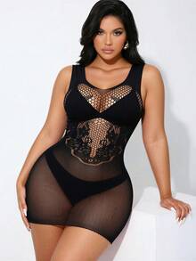 Gaun Lingerie Seksi Desain Berongga untuk Wanita Ukuran Plus - Hitam - View 3