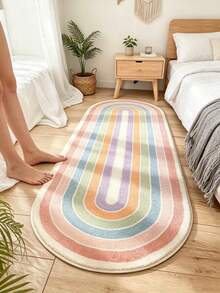 1pc Rainbow Striped Oval Bedroom Rug, Soft Fluffy Faux Cashmere Bedside Mat, Non-Slip Washable Long Floor Carpet, Suitable For Bedroom, Living Room, Dorm, Minimalist Home Decor - Multicolor - View 7
