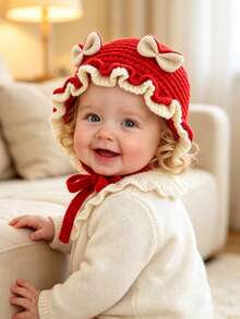 0-2 Years Old Baby Cute Knitted Hat, Bow Rabbit Ears Ruffle Edge Sun Hat, Warm Soft Crochet Tie Hat, Sweet Princess Style Infant Headwear - Multicolor - View 5