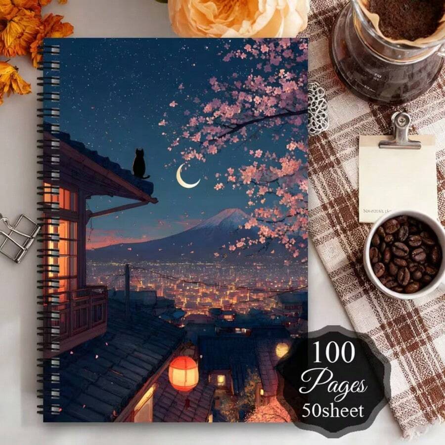 1pc Japanese-Themed Spiral Notebook & Travel Journal With Cherry Blossom, Mount, Japanese House, Cat & Moon Designs - Japanese Planner Suitable For Women, Anime Fans - Japanese Gift, Personal Organizer, Notepads - One Book (50 Pages, 100 Pages) - View 1