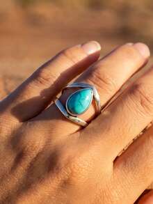 Boho Vintage Artificial Turquoise Inlaid Wrap Rings Suitable For Both Men And Women Daily Vacation Gift From A Best Friend - Silver - View 5