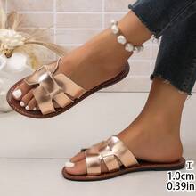 Women Champagne Gold Metallic H‑Shape Woven Slide Sandals, Open‑Toe Outdoor Slides, Summer Vacation Beach Shoes - Champagne - View 10