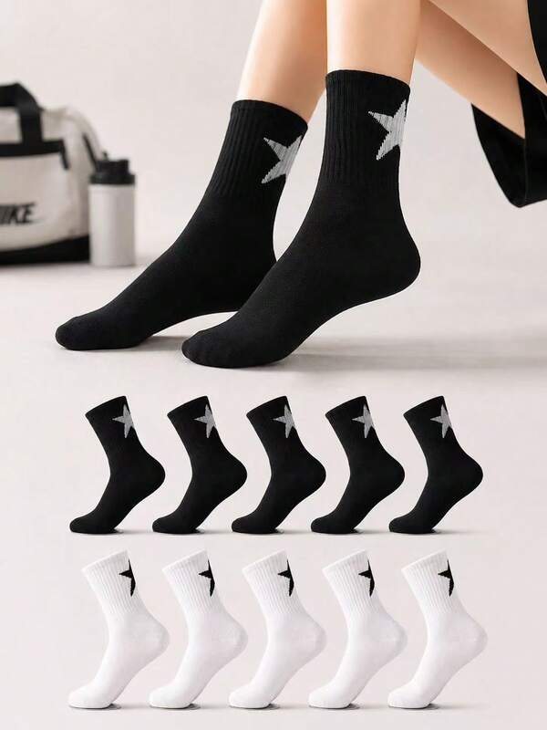 1/5/10 Pairs Unisex Personalized Street Style Black & White Star Casual Minimalist Fashion Versatile Mid-Calf Socks, Couple Mid-Length Socks