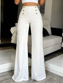 Women's Elegant Fashion Solid Color High Waist Double Row Gold Decorative Buttons Elegant Casual Long Pants - White - View 3