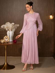 Elegant Pink Evening Gown With Rhinestones, Long Bishop Sleeves, Flared Skirt, Round Neck Formal Dress - Baby Pink - View 9