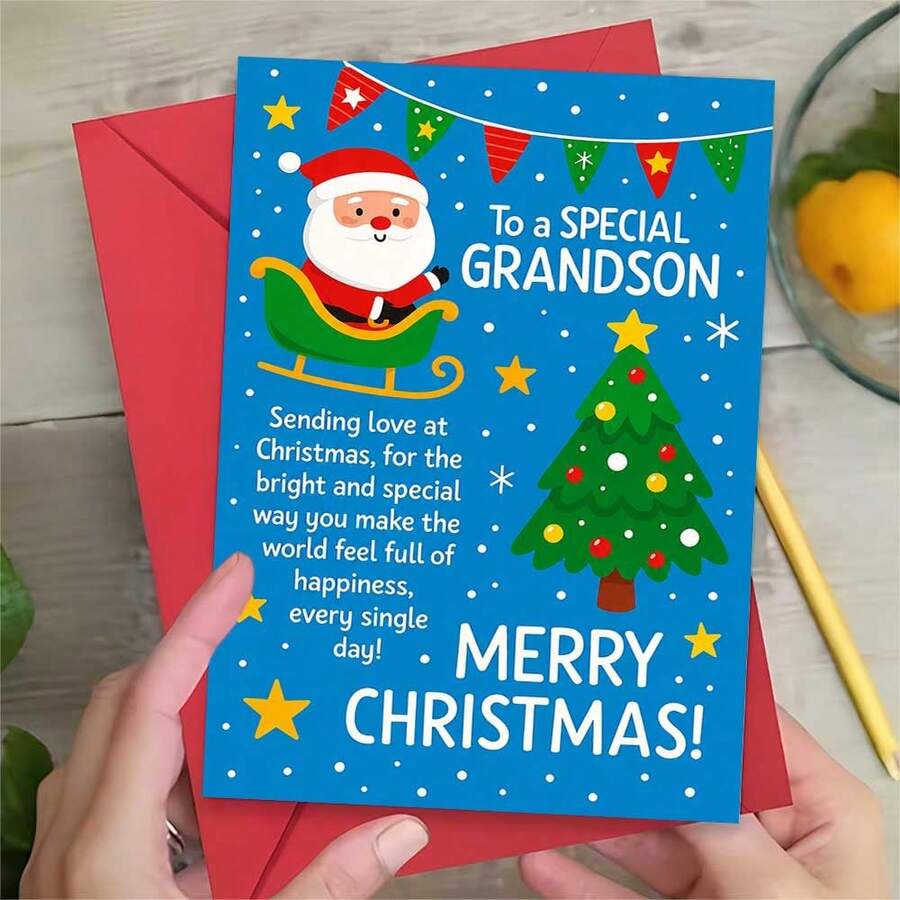 1 Greeting Card + 1 Envelope Cheerful Christmas Greeting Card, Santa In Sleigh With Tree "To A Special Grandson", For Grandson, Winter Holiday Festive Cartoon Style.