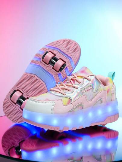 BLSART 1 pereche de pantofi pentru skateboard pentru fete, din material textil și PU, cu gradient de culoare, design cu șireturi, bot rotund, talpă joasă și groasă, drăguți, pentru sporturi cu role, potriviți pentru toate anotimpurile, cadou pentru copii