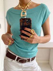 Spring/Summer Solid Color Semi-Transparent Women's Casual Fashion Daily Home Office Commute Versatile Large Scoop Neck Short Sleeve Slim Fit T-Shirt Knit Top Mint Blue Sweater - Mint Blue - View 4