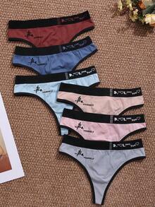 Women's 6pcs Seamless Letter Print Comfortable Thong Panties - Multicolor - View 3