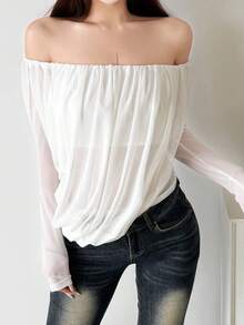 Women's Off-Shoulder Semi-Sheer Knit Top, Asymmetrical Hem, Long Sleeve Regular Fit, Suitable For Autumn Wear - White - View 1