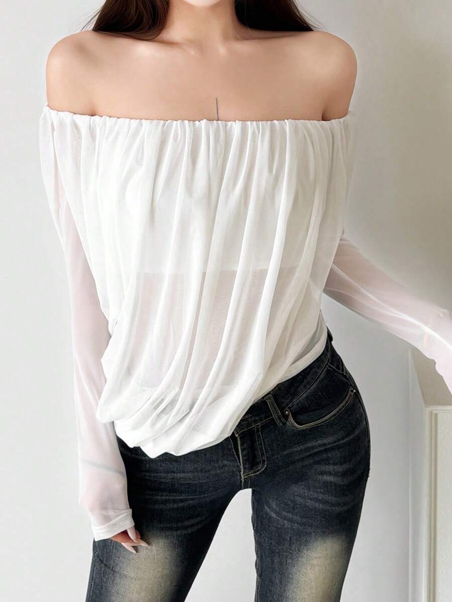 Women's Off-Shoulder Semi-Sheer Knit Top, Asymmetrical Hem, Long Sleeve Regular Fit, Suitable For Autumn Wear - White - View 1