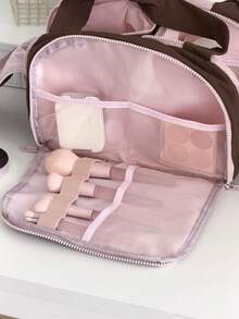 Multi-Pocket Organizer Tote Bag With Zipper Closure, Vintage Style, Suitable For Short Trips And Daily Commute, Multi-Functional Makeup Bag, Travel Toiletry Bag, Portable Storage Tote - Brown - View 7