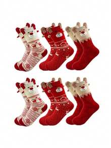 6 Pairs Women's 3D Bear Ear Christmas Socks, Soft Warm Comfortable, Suitable For Home And Holiday Parties - Multicolor - View 8
