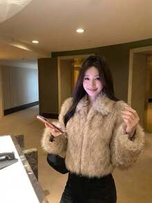 Winter Soft & Cozy Faux Fur Lapel Coat - Camel - View 8