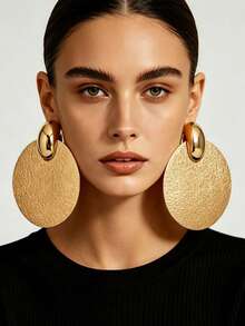1 Pasang Anting Gantung Panjang Bulat Besar Gaya Modern Eropa dan Amerika dari Logam, Cocok untuk Wanita, Desain Geometris Berat yang Berlebihan untuk Pesta dan Liburan - Emas - View 4