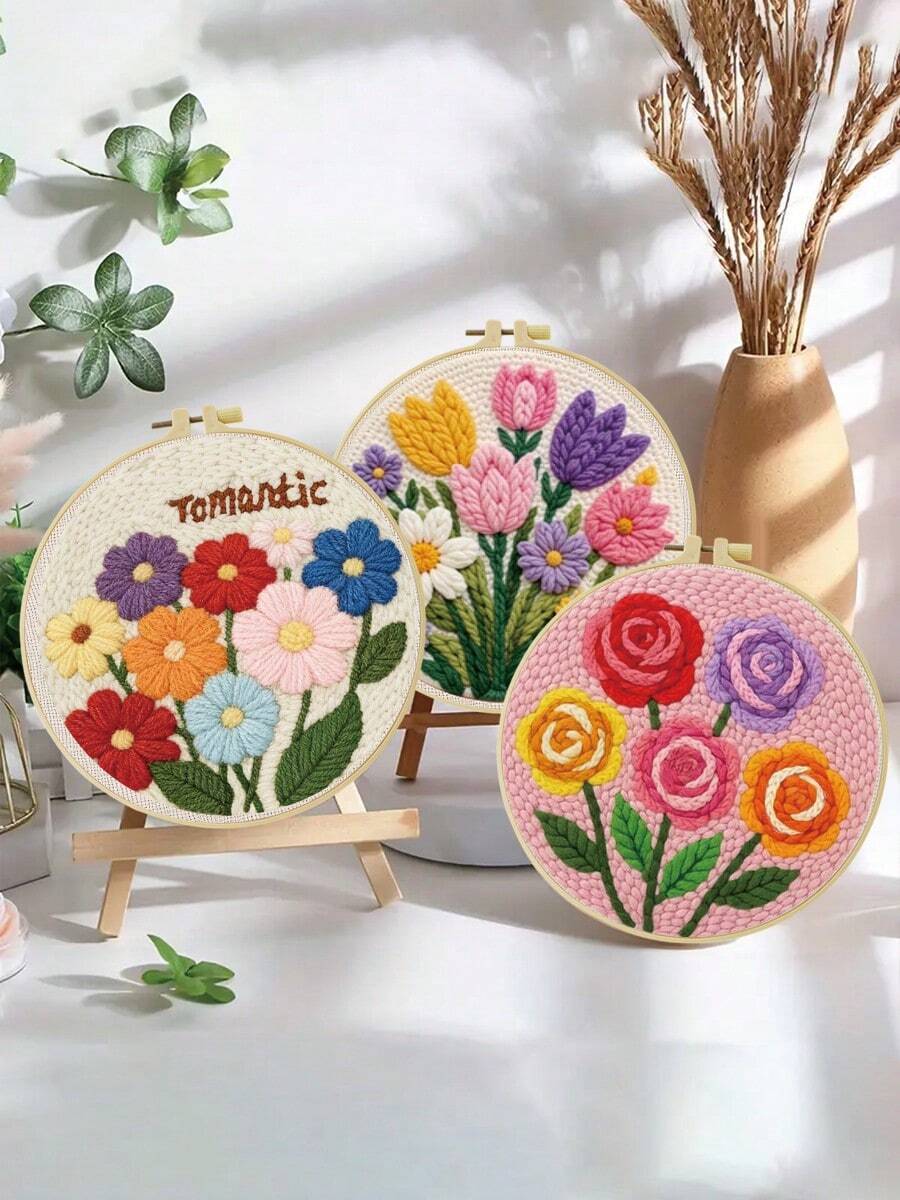 2D 初學者戳戳繡刺繡套件附框架，彩色花卉主題，20*20cm/7.9*7.9in 預印圖案 DIY 戳戳繡套組，含完整毛線與戳戳工具組，手工客廳臥室牆面裝飾，理想生日禮物