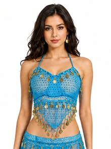 Women Halter Sequin Mesh Belly Dance Crop Top, Gold Coin Fringe Dangling Beads Performance Costume Top For Rave Festival Club Halloween, Multiple Colors Available - Multicolor - View 13