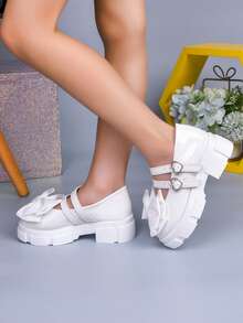 Autumn/Winter New Girls' White Mary Jane Shoes, Bow & Pearl Decor, Simple Sweet Versatile Children's Princess Shoes - White - View 4