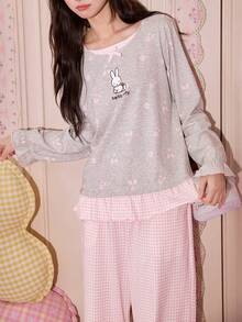 Gongdie 2 Pieces Miffy Women's Pajama Set, Spring/Autumn Pink Plaid Soft Cotton Loungewear, Faux Two-Piece Top With Rabbit Floral Print - Light Grey - View 3