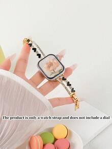 Women's Heart Rhinestone Decor Metal Watch Band, Gold Delicate Chain Replacement Strap, Compatible With Apple Watch Series 11/10/9/8/7/6/5/4/3/2/1, Sizes 38mm/40mm/41mm/42mm/44mm/45mm/46mm/49mm, Compatible With Ultra 1/2/3/SE, Suitable For Daily Commute, Date, Party, Create Atmospheric Watch Outfit, Perfect For Gift Or Personal Use - Gold - View 3