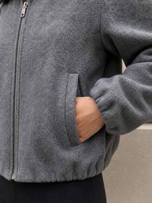 OUTTA BOX Dark Gray Zippered Turn-Down Collar Long Sleeve Elastic Hem Casual Pocket Tweed Women's Jacket Top, Suitable For Daily Outings In Autumn - Dark Grey - View 7