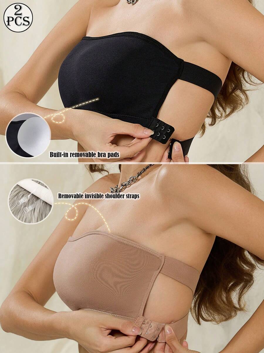 2pcs Women's Wireless Thick Strapless Bandeau Bra, Criss-Cross Back Ribbed Band Back Hook Closure Bandeau Tank Top - Multicolor - View 1
