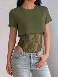 GLAMSKIN Women's Sexy 2-In-1 Short Sleeve Bodysuit, Lace Patchwork Sheer Mesh Summer Party Outfit, Casual Dating Autumn Back To School Outing Wear - Army Green - View 7