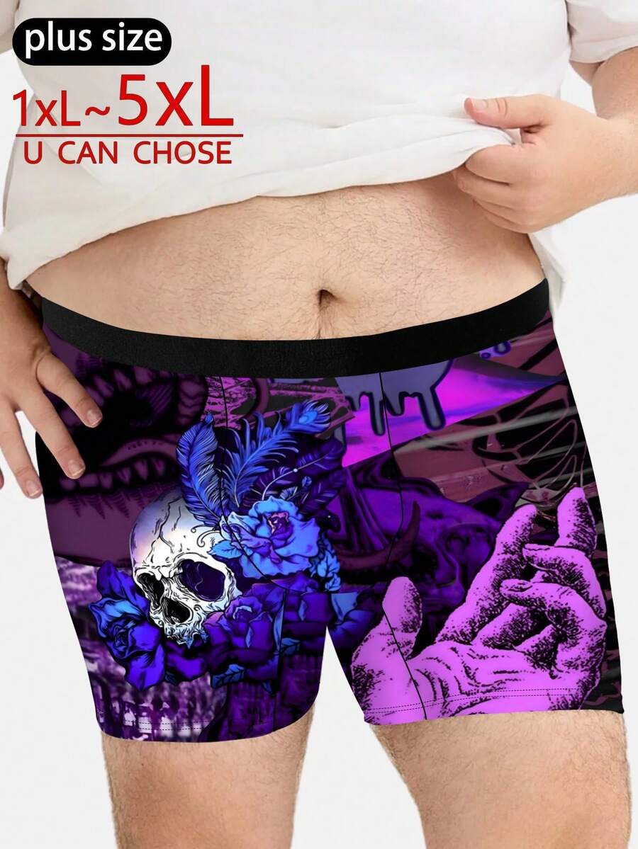 Dark Gothic Skull And Rose Print Shorts, Loose And Comfy Men's Plus-Size Boxer Briefs - Multicolor - View 1