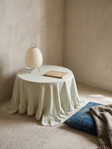 1pc Light Blue Green White Fine Striped Round Tablecloth, Fresh Natural Style Fabric Material, Round Ruffle Trim Pleated Detail Decoration, Beautification Function, Outdoor Round Tablecloth Suitable For Outdoor Patio And Natural Pastoral Dining Scenes - Green - View 3