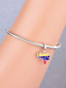 HuooNew 1pc S925 Sterling Silver Map Pendant With Large Hole For Beading, Colorful Epoxy Flag Inlay, Zirconia Stone, Double-Sided Engraving, DIY Bracelet Silver Accessory - Silver - View 4