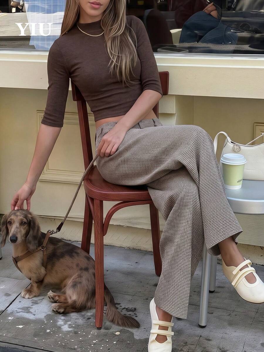 YIU Women's Ribbed Knit High Neck Short Sleeve Top, Fashion Regular Length Knit T-Shirt, High Elasticity, Suitable For Autumn Wear - Brown - View 1
