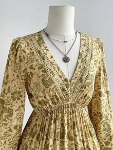 Rusttydustty Women's Vacation Style Elegant Garden Floral V-Neck Long Sleeve Dress - Yellow - View 6