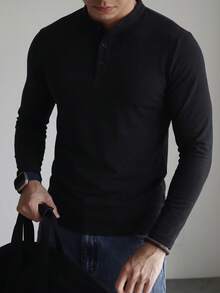 Men's Slim Fit Henley Collar Long Sleeve T-Shirt, Spring/Autumn - Black - View 1