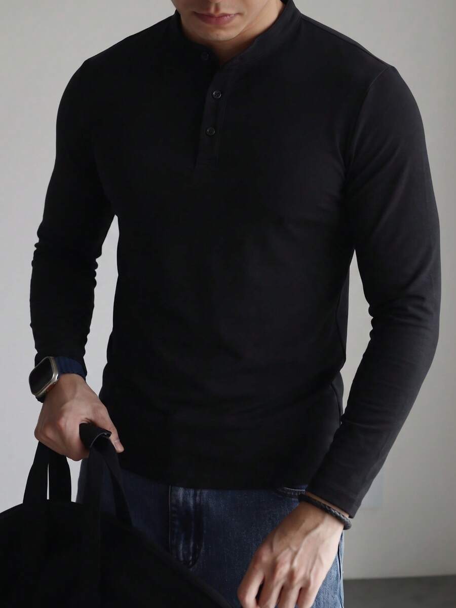 Men's Slim Fit Henley Collar Long Sleeve T-Shirt, Spring/Autumn - Black - View 1