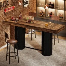 LITTLE TREE 180cm Rectangular Bar Table‑Industrial‑Metal Footrest‑Rustic Brown & Black‑Counter Height‑For Kitchen Dining Room Living Room Pub - Brownish Black - View 3