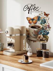 1pc Vintage Floral Butterfly Coffee Cup "IT'S COFFEE O'CLOCK" Wall Decor Sticker, Cozy Coffee Corner Atmosphere For Living Room And Dining Room - 1PC - View 5