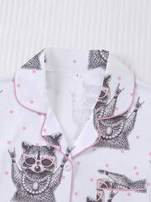 2pcs/Set Women's Pajama Set, Cartoon Raccoon Print, Holiday Women's Loungewear, Short Sleeve Lapel Top And Shorts Wearable Set - Multicolor - View 3