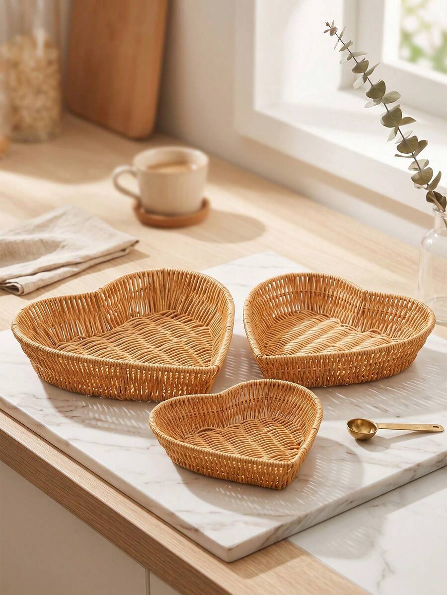 3pcs/2pcs/1pc Wicker Heart-Shaped Trays, Kitchen Serving Platters, Storage Baskets, Fries Basket, Fruit Plate, Snack Tray, Salad Plate, Bread Basket, Decorative Platters For Home, Living Room, Kitchen, Dining Room - Yellow - View 1