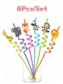 6pcs/Set Creative Multi-Color Transparent Animal Themed Straws, Reusable Jungle Animal Plastic Straws | Suitable For Lion, Fox, Zebra, Giraffe Wildlife Zoo Birthday Party Supplies, Forest Party Gift Decoration - View 9