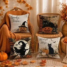 Autumn Halloween Black Cat Ghost Pumpkin Cushion Cover 4pcs Set, Single-Sided Printed Peach Skin Velvet Polyester Material, 45*45CM/18*18inch Pillow Covers Suitable For Room Decoration, Modern Minimalist Sofa Living Room Decor, Gift Giving, Party Decoration - Multicolor - View 1