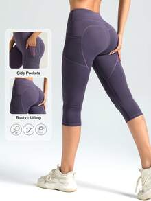 Women's Purple Shorts With Pockets, Tummy Control Stretchy For Yoga Pilates Dance Outdoor Spring Summer Fall Wear Sports - Purple - View 1