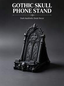 1pc Halloween Gothic Skull Phone Stand, Dark Gothic Style Desktop Phone Holder With Storage Box Function; Black Decorative Desktop Phone Stand, Halloween Home Decor Ornament. Suitable For Desk, Bedside Table, Shelf, Home Office Desktop Decoration, Perfect For Gothic Style Enthusiasts, Essential Halloween Gift - Multicolor - View 3