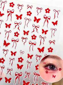 Red Glitter Butterfly Ribbon Flower Face Sticker Set With Tweezers, Christmas New Year Party Makeup Stickers,Halloween Costume - Red - View 4