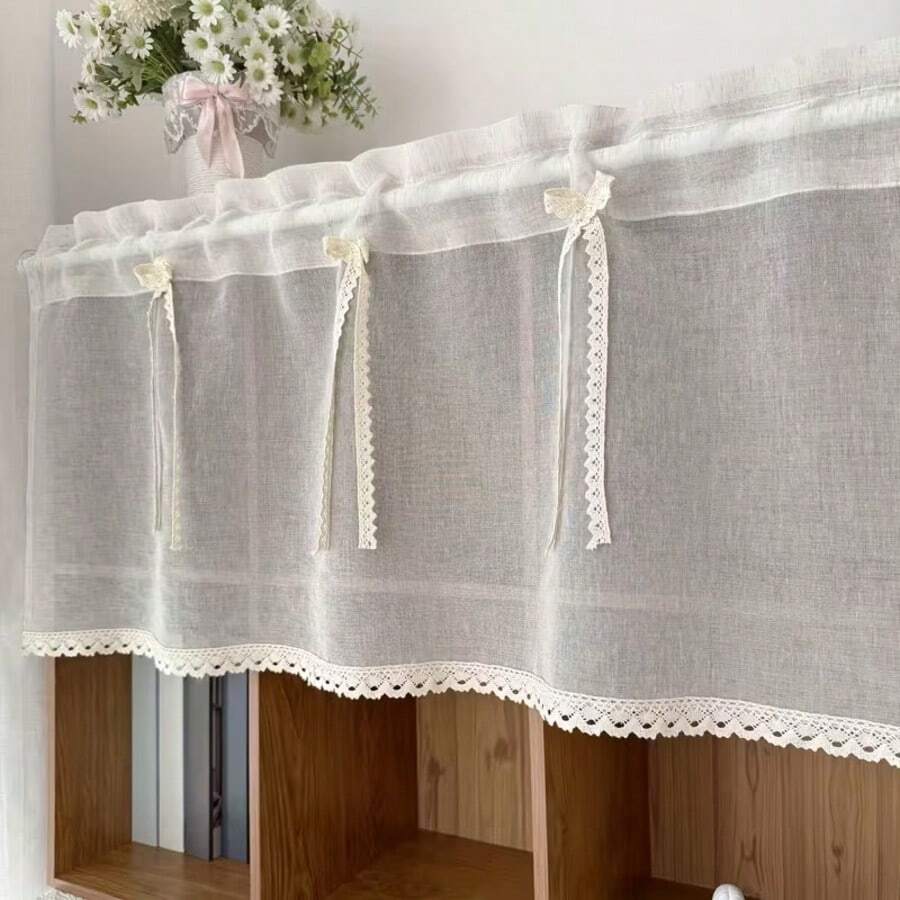 1pc Elegant Short Curtain With Bow - Faux Linen, Lightweight And Breathable, Suitable For Kitchen, Cafe, Bedroom With Rod Pocket Design - Add Romantic Atmosphere To Any Room, Living Room Curtain - Rice - View 1