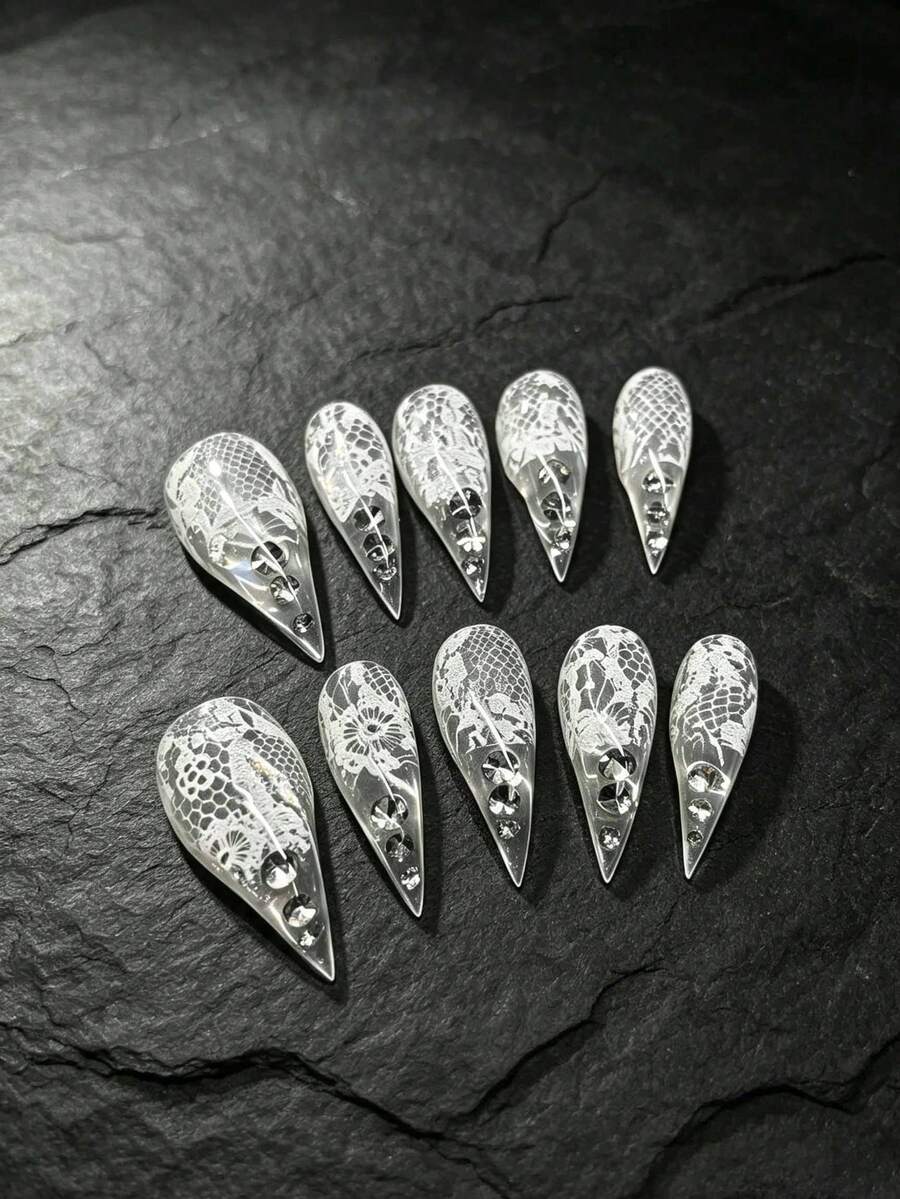 10片裝 25mm 獨特個性復古街頭風極簡休閒優雅日常精緻甜美可愛純白色手工短款貓爪壓花假指甲套組,適合女孩與女性,讓你更迷人 - 白色 - 查看 1
