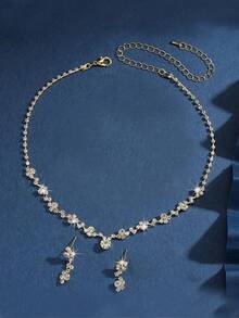 Conjunto de collar y aretes formado por 3 piezas de forma simples de gota con diamantes de imitación, adecuados para bodas, cumpleaños, aniversarios y fiestas de mujeres - Dorado - Ver 2