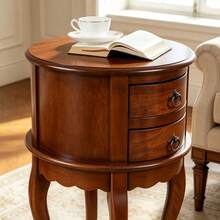 Solid Wood Round Side Table, Vintage Decorative End Table, Multi-Functional Small Round Coffee Table, Balcony Living Room Plant Stand, Home Decor Side Table, In Stock - Maroon - View 3