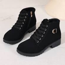 Women's Round Toe Chunky Heel Lace-Up Boots With Side Zipper And Buckle Decor, Cool Style Ankle Boots For Autumn/Winter Outdoor Commute - Black - View 6