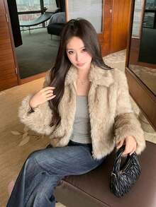 Winter Soft & Cozy Faux Fur Lapel Coat - Camel - View 6